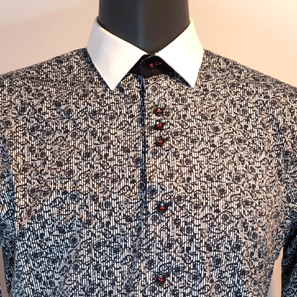 Au Noir Black and White Floral Striped Button Front Shirt Size Large Men's